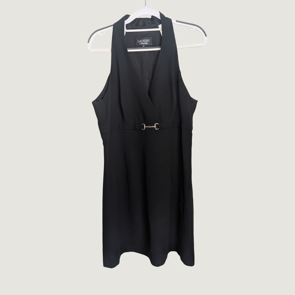 Laundry Shelli Segal Classic Black Halter Dress Horsebit Buckle V-Neck Size 12
